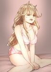  1girl 1girl 1girl alluring bed big_breasts bra brown_eyes brown_hair cleavage faye_(fire_emblem) fire_emblem fire_emblem_echoes:_shadows_of_valentia high_resolution intelligent_systems jotun7 panties pink_bra pink_panties sitting underwear yawning 