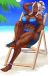  1girl 1girl abs absurd_res alternate_costume armband athletic_female bare_arms bare_legs barefoot beach beach_chair big_breasts bikini blue_bikini brown_eyes cleavage covered_erect_nipples dark-skinned_female dark_skin female_abs fire_emblem fire_emblem_engage fit_female full_moon grey_hair high_ponytail high_res intelligent_systems jewelry long_hair looking_at_viewer moon night nintendo ocean one_eye_closed outside palm_tree ponytail ring saphir_(fire_emblem) sky smile star_(sky) starry_sky swimsuit tetsuji_(i_ttj_f_c) tree 