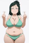 ai_generated bare_thighs bikini boku_no_hero_academia chubby_female gigantic_breasts green_eyes green_hair grin hair_bun huge_breasts huge_thighs inko_midoriya light-skinned_female light_skin lilabratt looking_at_viewer massive_breasts mature_female medium_hair middle_finger milf my_hero_academia solo_female squatting sweat sweatdrop thick_body thick_female thick_thighs thighs voluptuous voluptuous_female