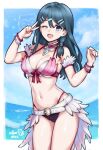  1girl 1girl adapted_costume alluring armband artist_name belt belt_buckle big_breasts bikini blue_eyes buckle cleavage cloud cloudy_sky commentary contrapposto detached_collar english_commentary feather_skirt feet_out_of_frame fire_emblem hair_between_eyes halterneck happy high_res highleg highleg_bikini intelligent_systems layered_bikini letterboxed long_hair multiple_hair_clips narrow_waist navel nintendo ocean one_eye_closed open_mouth oribe_tsubasa pink_ribbon ribbon rotomdocs showgirl_skirt sky sommie_(fire_emblem) swimsuit teal_hair tokyo_mirage_sessions_fe v very_long_hair white_belt wristband 