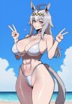  1girl abs ai_generated beach bikini grey_hair happy happy_female heart horse horse_ears horse_girl horse_tail light-skinned_female light_skin looking_at_viewer oguri_cap_(umamusume) outside peace_sign silver_hair smile swimsuit thick_thighs thighs truck-kun_art umamusume umamusume_pretty_derby v 