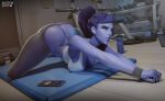  1girl 1girls 3d 3d_(artwork) amelie_lacroix ass_cleavage big_ass blizzard_entertainment bubble_ass bubble_butt cleavage deep_cleavage digital_art digital_media digital_media_(artwork) female_focus female_only hasfeldt huge_ass leggings looking_at_viewer overwatch sweat tagme widowmaker widowmaker_(overwatch) yoga yoga_pants 