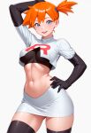1girl ai_generated arms_behind_back blue_eyes creatures_(company) female_focus game_freak gym_leader kasumi_(pokemon) latex_gloves latex_thighhighs looking_at_viewer miniskirt misty_(pokemon) navel nintendo orange_hair pokemon_(anime) pokemon_(game) simple_background team_rocket_uniform white_background