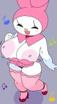 1girl anthromorph areolae background big_areola big_areolae big_breasts big_nipples breasts bunny bunny_ears bunny_girl cleavage closed_eyes clothed clothes clothing collar dancing digital_media_(artwork) dream-cassette exposed_breasts female grey_background hello_kitty_(series) high_heels hood huge_areola huge_areolae huge_breasts huge_nipples jiggle jiggling_breasts legwear lingerie looking_down looking_down_at_viewer massive_breasts musical_note my_melody nipples onegai_my_melody open_mouth open_smile panties pink_clothes pink_clothing pink_legwear pink_panties pink_stockings pink_thighhighs rabbit rabbit_ears rabbit_girl red_clothes red_clothing red_panties sanrio shaded simple_background smile solo stockings symbol thighhighs thong white_body white_fur
