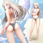  1girl 1girl a_(xenoblade) absurd_res alluring annoyed ass back bikini earrings high_res jewelry long_hair navel ocean smile swimsuit white_hair xenoblade_(series) xenoblade_chronicles_3 xenoblade_chronicles_3:_future_redeemed zambonito 