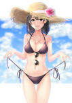 1girl 1girl :d absurd_res alluring bikini black_bikini black_hair blush brown_eyes cleavage collarbone cowboy_shot eyewear_hang female_focus flower hair_between_eyes hat hat_flower high_res looking_at_viewer medium_breasts meri-san navel open_mouth short_hair side-tie_bikini_bottom silf smile standing straw_hat sunglasses swimsuit untied_bikini untying unworn_eyewear yahari_ore_no_seishun_lovecome_wa_machigatteiru. yukinoshita_haruno 