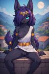 1girl ai_generated ancient_greece anthro black_body black_fur blue_eyes breast_grab breasts canine cleft_of_venus female_focus furry furry_female glowing_eyes gold_jewelry greek_clothes hair_over_one_eye jackal jewelry looking_at_viewer night nipples no_panties original original_character purple_hair pussy sitting smile spread_legs twin_braids