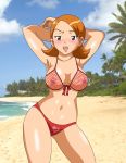 alluring arms_behind_head beach bikini blush breasts digihentai digimon front-tie_bikini hands_behind_head insanely_hot looking_at_viewer naughty_face nipples nose_blush orange_hair palcomix posing red_bikini red_swimsuit short_hair sora_takenouchi swimsuit takenouchi_sora