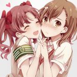  2girls armband art blush brown_eyes brown_hair cheek-to-cheek choukou_koukyou_no_inagi closed_eyes flower friends hair hair_ornament hair_ribbon hand_holding happy heart long_hair love misaka_mikoto multiple_girls open_mouth pink_hair ribbon safety_pin school_uniform shirai_kuroko short_hair shy smile to_aru_kagaku_no_railgun to_aru_majutsu_no_index twin_tails upper_body yuri 