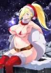 1girl areola_slip areolae big_breasts blonde_hair blue_eyes breasts chimney christmas curvy erect_nipples female grin huge_breasts ino_yamanaka long_hair looking_at_viewer naruto navel ponytail sitting smile solo sunahara_wataru wide_hips