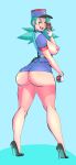  1girl ass blue_hair blush breasts cellphone female hair high_heels huge_ass jontxu large_breasts legoman licking_lips lip_licking lips lm_(legoman) long_hair nintendo nipples officer_jenny phone poke_ball pokemon policewoman self_shot small_waist solo standing thick_thighs tongue tongue_out uniform wide_hips 