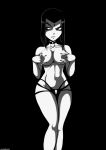 1girl big_breasts biting_lip black_background breast_grab breasts choker collarbone dc_comics eyeshadow facial_piercing hair legs lip_biting monochrome nail_polish navel navel_piercing nipple_piercing nipples no_bra panties piercing raven_(dc) shadman short_hair simple_background standing teen_titans thighs topless