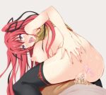 1_girl ahegao akage anal_object_insertion ass back blush breasts censored cum girl_on_top grey_background long_hair mio_naruse nipples pussy red_eyes red_hair ribbon sex shinmai_maou_no_testament simple_background thigh_high tongue tongue_out