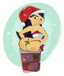  ass ass_crack black_eyes black_hair brokenlynx chimney christmas emma gloves hat larger_at_source long_hair looking_back looking_down mistletoe mistletoe_panties santa_hat the_ridonculous_race thong wide_hips 