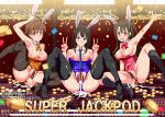  3girls :d animal_ears armpits bar_censor between_breasts black_hair black_legwear blush body_writing brown_eyes brown_hair bunny_ears bunnysuit censored coin cum cum_in_pussy cum_pool double_v fake_animal_ears green_eyes grin hair honda_mio idolmaster idolmaster_cinderella_girls long_hair multiple_girls necktie necktie_between_breasts nyuu_(manekin-eko) open_mouth pussy shibuya_rin shimamura_uzuki short_hair side_ponytail smile spread_legs striped striped_necktie text thighhighs translation_request v 