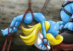 1girl blue_skin bondage breasts oral palcomix smurfette tagme the_smurfs