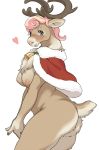 1girl anthro antlers bell blush breasts cape cervine christmas clothing collar fur furry hair heart holidays horn kikurage looking_at_viewer mammal mantle nude pink_eyes pink_hair reindeer simple_background white_background