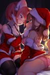  2girls animal_ears anthro ass blue_eyes blush bra breasts brown_hair canine cat christmas cleavage clothed clothing dog duo eye_contact feline female/female furry green_eyes hair hat holidays ksyaro legwear long_hair looking_at_another love mammal multiple_girls open_mouth original panties pink_hair santa_costume santa_hat short_hair skirt stockings sweat underwear yuri 