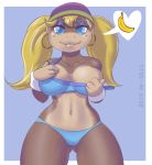 1girl 2019 anthro beanie bikini blonde_hair blue_eyes border breasts clothing digital_media_(artwork) donkey_kong_(series) ear_piercing eyeshadow female female_only furry hair hat high_res kong long_hair looking_at_viewer makeup mammal navel nintendo pictographics piercing pigtails primate shinsuke signature simple_background smile solo swimsuit tiny_kong video_games white_border