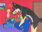  2boys anal anthro bayzan bayzan_(artist) bondage collar crimson_(bayzan) dark_skin doggy_position domination furry german_shepherd gsd heart hotel_room husky knot knotted_penis leash penis rough_sex submissive traditional_art wolf yaoi 