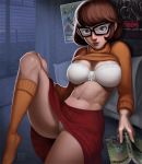 1girl bra clothed female female_only flashing glasses indoors leg_lift looking_at_viewer miniskirt panties scooby-doo short_hair sitting skirt solo sweater_lift thighs upskirt velma_dinkley white_bra white_panties