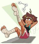  amphibia anne_boonchuy boxing_shorts brown_hair dark_skin disney feet foot_fetish foot_focus headband nasiri_(artist) pull_ups rope shorts sole soles sports_tape sweat sweating swimsuit toe toes workout 