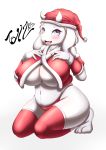  1girl 2d 2d_(artwork) anthro arm_warmers belly big_breasts blush boss_monster breasts caprine christmas christmas_outfit clothing digital_media_(artwork) fangs fur furry gloves hair hat headgear highres holidays horn kneeling leggings legwear long_ears looking_at_viewer mammal monster navel open_mouth panties purple_eyes santa_hat simple_background tailzkim tongue toriel underboob undertale undertale_(series) underwear video_games white_background white_fur white_hair 