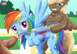 1girl 2boys blush breasts bridle cutie_mark equestria_untamed erection friendship_is_magic from_behind looking_at_viewer my_little_pony penis rainbow_dash sex tagme tail wings