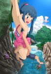  1boy 1girl accident alternate_color ariados ash_ketchum bare_legs bare_shoulders barefoot black_hair blue_eyes blue_hair blue_sky blush breast_grab breasts bush carvanha cliff cloud crawling creatures_(company) dawn_(pokemon) embarrassed fangs feet flat_chest floating game_freak grab grabbing green_eyes hair hanging hat hikari_(pokemon) horns humans_of_pokemon laughing leg_grab legs long_hair looking_down love_(pspdspsp) mew moaning motion_blur nintendo open_mouth plant pokemon pokemon_(anime) pokemon_(game) pokemon_black_and_white pokemon_bw pokemon_dppt ponytail river rock satoshi_(pokemon) sharp_teeth shiny_pokemon short_hair shorts shy sidelocks sky swim_suit swimsuit teeth toes tree vines water waterfall 