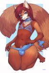  1girl absurd_res ailurid anthro balls bikini bikini_top bite biting_lip blue_eyes brown_body brown_fur bulge bulge_grab chest_tuft clothed clothing collar crossdressing fur furry genitals girly hair high_res male mammal nipples orange_body orange_fur panties penis pubes red_body red_fur red_hair red_panda romarom sixfour_(character) solo_focus swimwear topwear tuft underwear white_body white_fur 