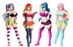 4girls aria_blaze big_breasts blue_hair breasts equestria_girls fluttershy friendship_is_magic green_eyes hair light_skin long_hair looking_at_viewer miniskirt multicolored_hair my_little_pony pink_eyes pink_hair ponytail purple_eyes purple_hair smile sonata_dusk sunset_shimmer twin_tails white_background