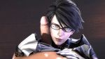 1girl 3d animated animated_gif bayonetta bayonetta_(character) bayonetta_2 black_hair gif glasses high_res highres jewelry lipstick makeup penis penis_on_face pov sega short_hair source_filmmaker tsarchasm uncensored