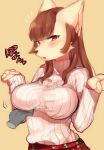  1girl anthro big_breasts blush breast_grab breasts brown_eyes brown_hair canine clothed clothing dog duo furry hair hand_on_breast japanese_text ksyaro long_hair looking_at_viewer mammal open_mouth original red_eyes surprise sweater text unknown_species 