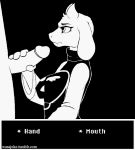 1boy 1girl 2d 2d_(artwork) alternate_version_available anthro black_and_white boss_monster breasts caprine cum cum_on_breasts cum_on_face dialogue digital_media_(artwork) english_text erection female_focus furry gif goat handjob humanoid_penis large_filesize male male/female mammal monochrome penis solo_focus text toriel tumblr_username undertale undertale_(series) unseen_male_face video_games wasajoke