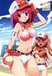  2girls aisaka_taiga big_breasts bikini_top blush breasts brown_eyes brown_hair hair koume_keito kushieda_minori long_hair looking_at_viewer multiple_girls pink_eyes red_hair short_hair short_shorts smile topless toradora! 