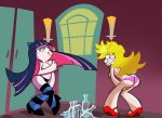 ass black_panties blonde_hair blue_eyes breasts covering_breasts covering_self female_only goth grimphantom grimphantom_(artist) high_heels long_hair multicolored_hair panties panty_&_stocking_with_garterbelt panty_(psg) panty_anarchy pink_panties shiny shiny_skin shoes sister sisters stocking_(psg) stocking_anarchy stockings topless topless_female