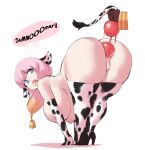 1girl 1other all_fours anal anal_beads anal_beads_pull anal_destruction anus ass bent_over blue_eyes borvar breasts cow_ears cow_girl cow_print cow_tail english_text female_focus fire_emblem fire_emblem_heroes gunnthra_(fire_emblem) high_heels huge_anal_beads huge_ass huge_breasts kiran_(fire_emblem) large_insertion legwear long_gloves looking_back multicolored_hair nintendo nipples pink_hair pointy_ears pussy sex_toy solo_focus stockings text thick_thighs voluptuous