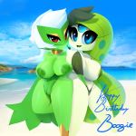 2girls beach big_breasts bikini blue_eyes breasts green_hair hair long_hair looking_at_viewer meloetta multiple_girls mystical navel nipples ocean plantpenetrator pokemon red_eyes roserade short_hair smile theboogie white_hair