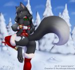 1girl 1girl 2015 anthro areola ass big_breasts big_tail black_fur black_hair blue_eyes breasts canine clothed clothing corset digital_media_(artwork) fluffy_tail fur furry hair hindpaw long_hair looking_at_viewer looking_back mammal nipples one_leg_up pawpads paws popcornpanic roundscape_adorevia seductive skimpy smile snow snowman tree white_sclera winter wolf