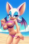 1girl animal_ears anthro beach belly big_breasts bikini breasts curvy erect_nipples female female_only furry large_breasts looking_at_viewer navel nipple_bulge nipples ocean rouge_the_bat sega smile sonic_(series) tail teasing wings