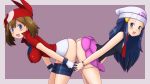 2girls ass ass_to_ass bike_shorts blue_eyes blue_hair brown_hair butt_crack dawn erect_nipples female female_only hair haruka_(pokemon) hat headgear hikari_(pokemon) looking_at_viewer may multiple_girls nintendo pantie_pull panties panty_pull pokemon scarf skirt symmetrical_docking tsumitani_daisuke underwear white_panties yuri