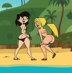 2girls beach big_ass big_breasts bikini black_hair blonde_hair blue_eyes bottomless bridgette_(tdi) cartoon_network ear_rings green_eyes hair hourglass_figure light-skinned_female long_blonde_hair long_hair looking_back looking_down multiple_girls navel ponytail short_hair side-tie_bikini sky_(tdi) smile surfer_girl thick_ass thick_legs thick_thighs total_drama_island undressing