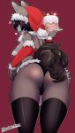 1girl anthro arm_sleeves ass big_ass big_breasts black_hair blush breasts buried_frog cake canine christmas clothed clothing food furry hair heart highres holidays kemono legwear lingerie looking_at_viewer looking_back mammal panties red_background short_hair sideboob simple_background skimpy smile stockings underwear