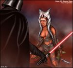 ahsoka_tano anakin_skywalker breasts darth_vader kneeling lightsaber shabby_blue star_wars star_wars_rebels togruta torn_clothes