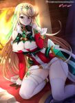 1girl alluring big_breasts christmas christmas_outfit cleavage hocen hocen_hosen_(artist) inside mythra mythra_(xenoblade) nintendo santa_hat vilde_loh_hocen voluptuous xenoblade_(series) xenoblade_chronicles_2