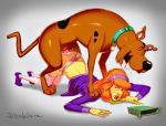  anal ass ass_up beastiality clothed cum cum_inside daphne_blake disclaimer dog doggy_position drooling hairband panties panties_aside pantyhose penis red_hair red_lipstick redhead scooby scooby-doo scooby_snacks shirt_lift stockings tail 