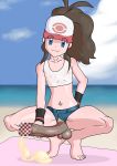  1girl barefoot beach blanket blue_eyes brown_hair cat3_(a-) censored cum denim denim_shorts flat_chest futanari hair hat headgear highres hilda huge_penis intersex long_hair long_penis looking_at_viewer masturbation midriff navel navel_piercing nipples ocean pee penis pierced piercing pokemon pokemon_(game) pokemon_bw ponytail see-through shorts smile solo squat squatting tank_top testicles touko touko_(pokemon) unzipped water wristband 