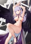  1girl ambiguous_background areola armpits arms_up azur_lane bangs bare_legs belly big_breasts bird_wings black_feathers black_wings blunt_bangs blush breasts breasts_out_of_clothes chinese choker clavicle cleavage cowboy_shot criss-cross_halter dido_(anxious_bisque_doll)_(azur_lane) dido_(azur_lane) dress eyebrows_visible_through_hair eyelashes feathered_wings feathers female_only flyyao hairband halter_top halterneck high_heels high_resolution lavender_hair legs light_purple_hair lips long_hair looking_at_viewer medium_breasts navel nipples nude one_leg_raised parted_lips purple_choker purple_dress purple_eyes purple_footwear purple_hair purple_hairband purple_ribbon ribbon shoes skindentation star_(symbol) stomach straight_hair thighs very_high_resolution white_ribbon wings 