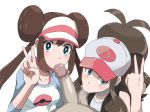 2girls :>= ball_sucking censored double_fellatio fellatio ffm_threesome hilda hilda_(pokemon) looking_at_viewer mei mei_(pokemon) multiple_girls oral penis pokemon pov rosa rosa_(pokemon) threesome touko touko_(pokemon) v white_background