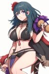  1girl 2024 :/ absurd_res alluring alternate_costume big_breasts bikini black_bikini black_swimsuit blue_eyes byleth_(fire_emblem) byleth_(fire_emblem)_(female) byleth_(summer)_(fire_emblem)_(female) cleavage closed_mouth commentary_request dagger fire_emblem fire_emblem:_three_houses fire_emblem_heroes flower flower_in_hair gonzarez hair_flower hair_ornament high_res holding knife legs long_hair looking_at_viewer necklace nintendo official_alternate_costume purple_eyes revision sheath sheathed shiny_ass shiny_breasts shiny_butt shiny_hair shiny_skin simple_background swimsuit tassel teal_hair thighs weapon white_background 